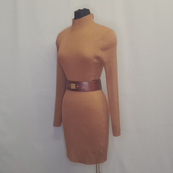 Hooked Up Camel Turtle Neck Canale Knit Pencil Dress Long Sleeves Size L - Picture 8 of 8